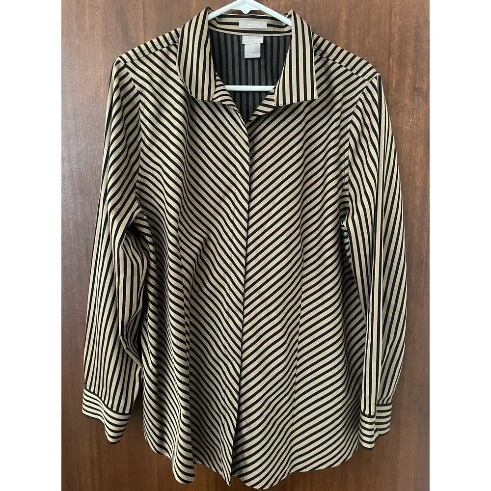 Chico’s Women’s Collar Shirt Sz 3 (16) No-Iron Sateen Striped Button Down blk - Picture 5 of 8